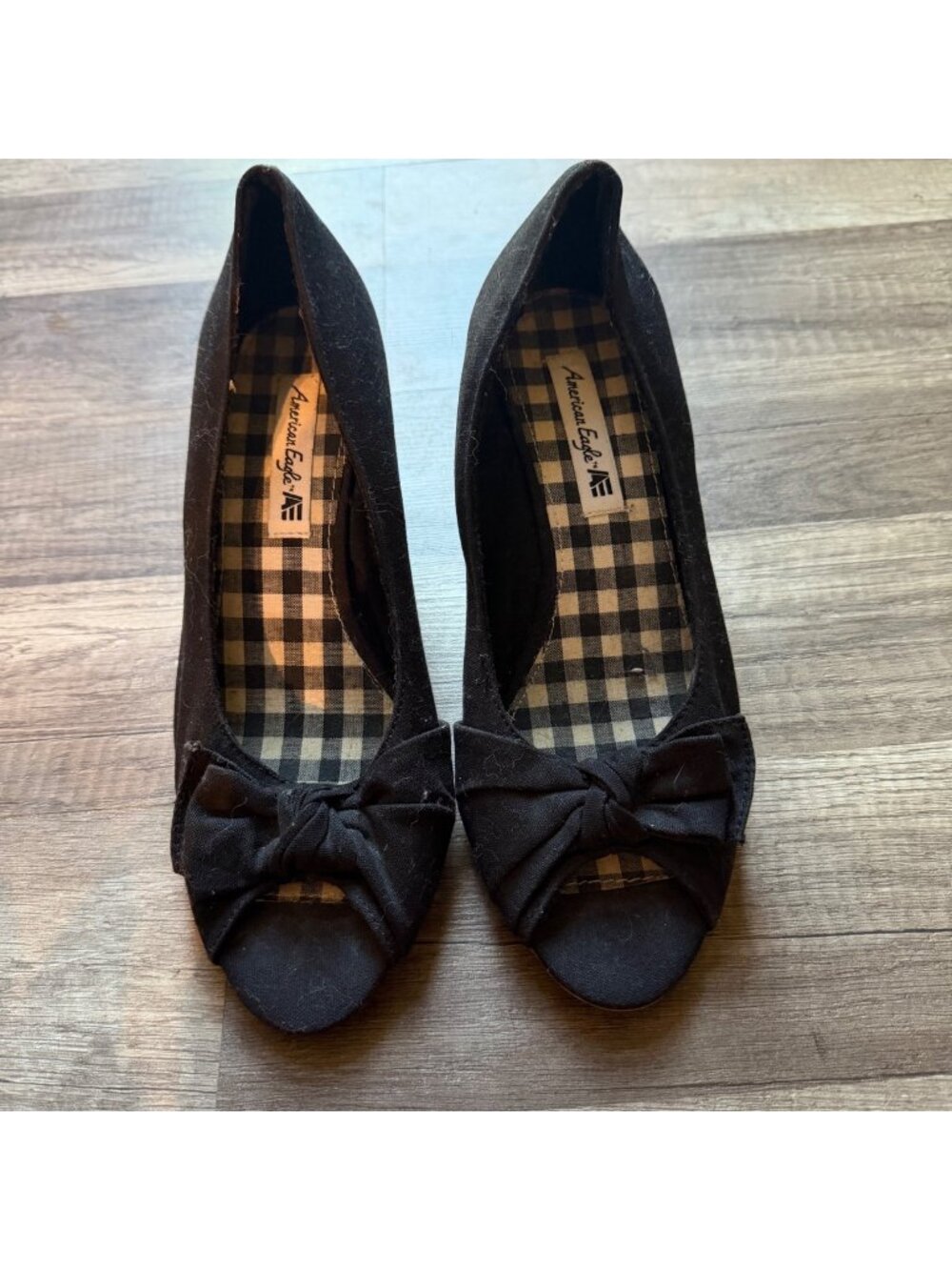 American Eagle Black Peep Toe Wedges With Bow Detail Size 8.5M
